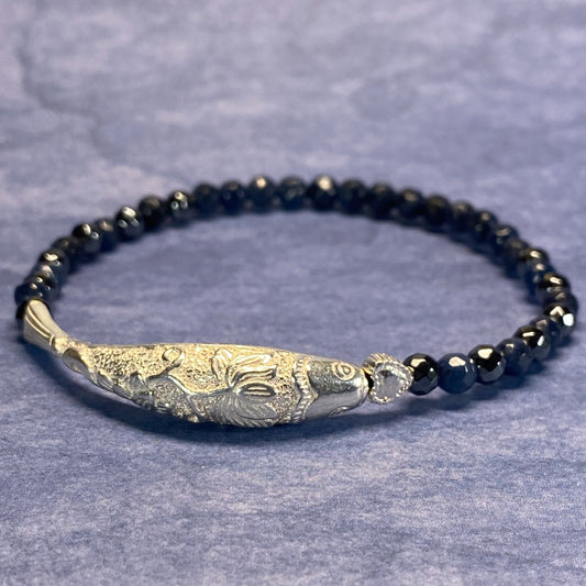 4MM DUMORTIERITE, 925 SILVER FISH AND HEART BRACELET