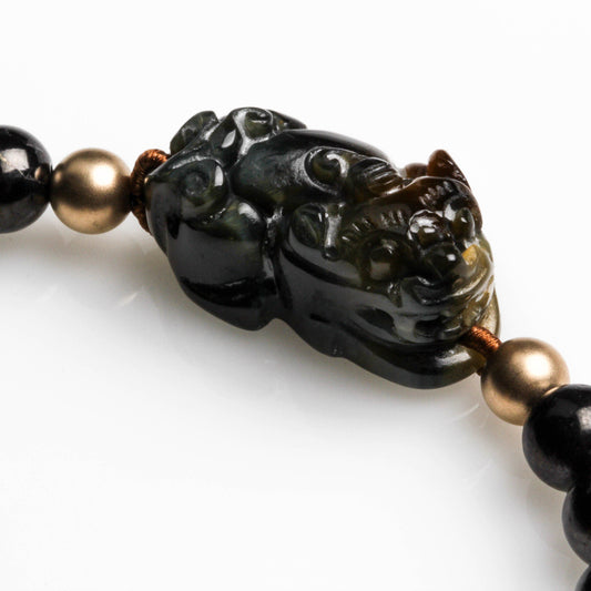 8MM WHITE LINE MEDICINE DZI BEADS, OBSIDIAN PIYAO BRACELET