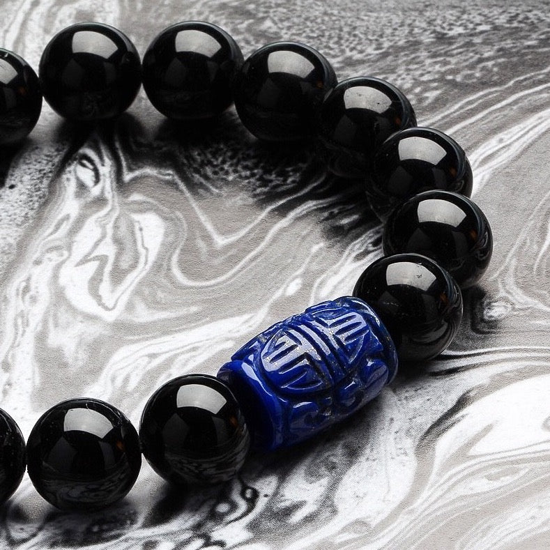 12MM BLACK TOURMALINE AND LAPIS LAZULI BRACELET