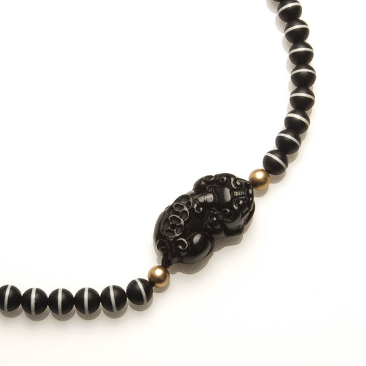 10MM WHITE LINE DZI BEADS, OBSIDIAN PIYAO NECKLACE