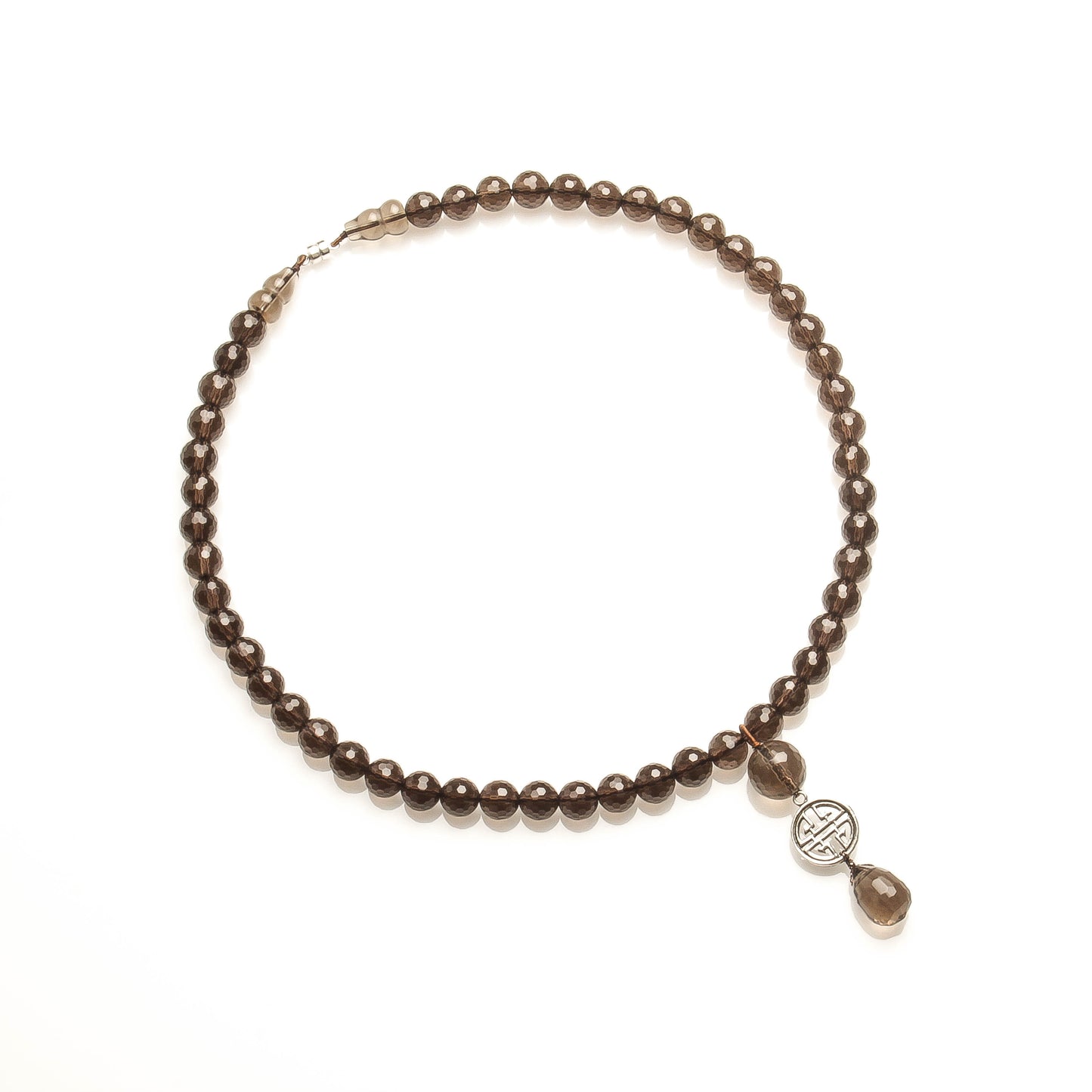 8MM SMOKEY QUARTZ WITH 925 SILVER LONGEVITY NECKLACE