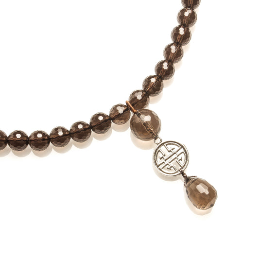 8MM SMOKEY QUARTZ WITH 925 SILVER LONGEVITY NECKLACE