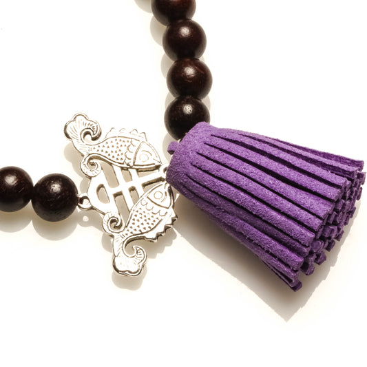 RED SANDAL WOOD, METAL DOUBLE FISH, SUEDE TASSEL BRACELET