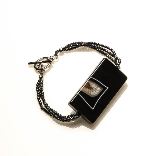 2MM FACETED HEMATITE WITH AGATE BEAD BRACELET