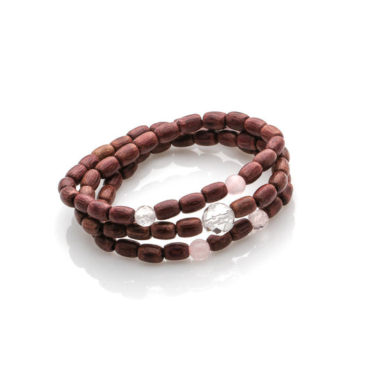 PURPLE WOOD WITH ROSE QUARTZ AND CLEAR QUARTZ BRACELET