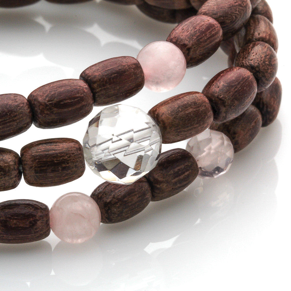 PURPLE WOOD WITH ROSE QUARTZ AND CLEAR QUARTZ BRACELET
