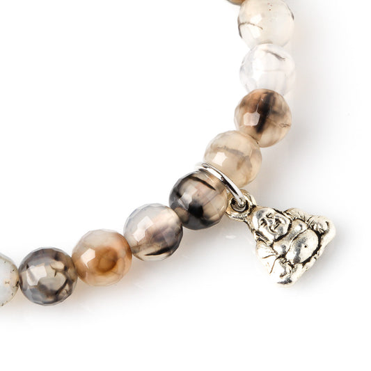 FIRE AGATE, METAL LAUGHING BUDDHA CHARM BRACELET