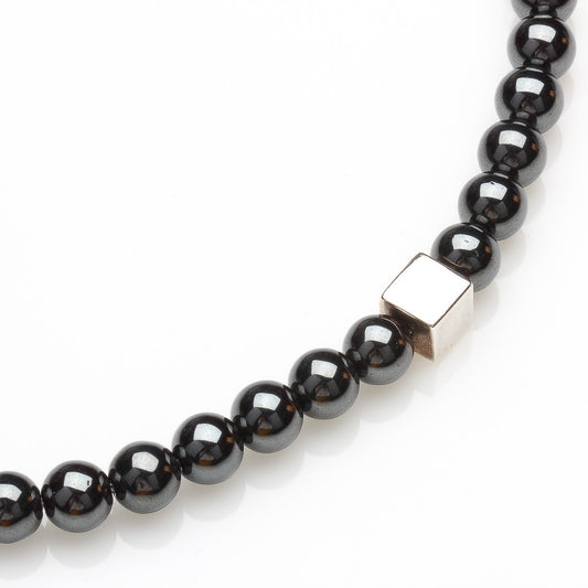 8MM HEMATITE BEADS WITH 925 SILVER CUBE NECKLACE