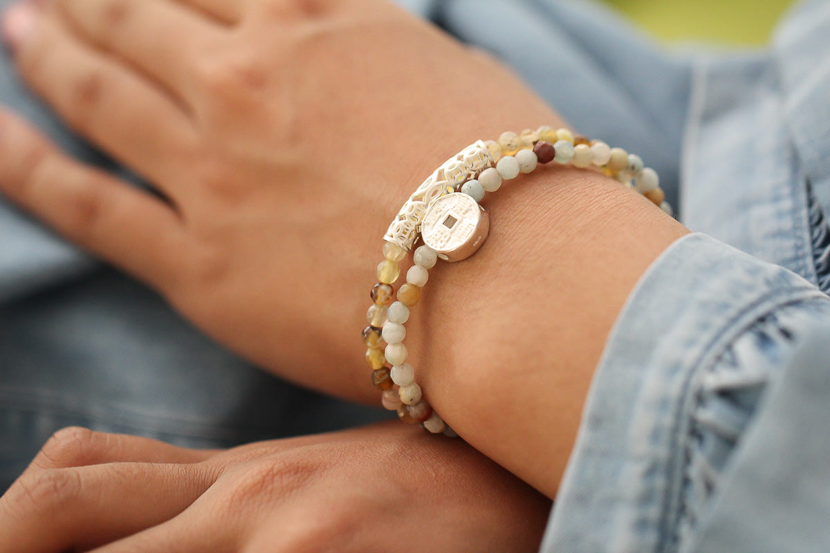 FACETED YELLOW AGATE WITH 925 SILVER COINS BRACELET