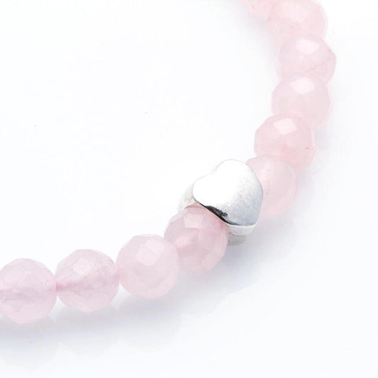 ROSE QUARTZ WITH 925 SILVER SOLID HEART BRACELET
