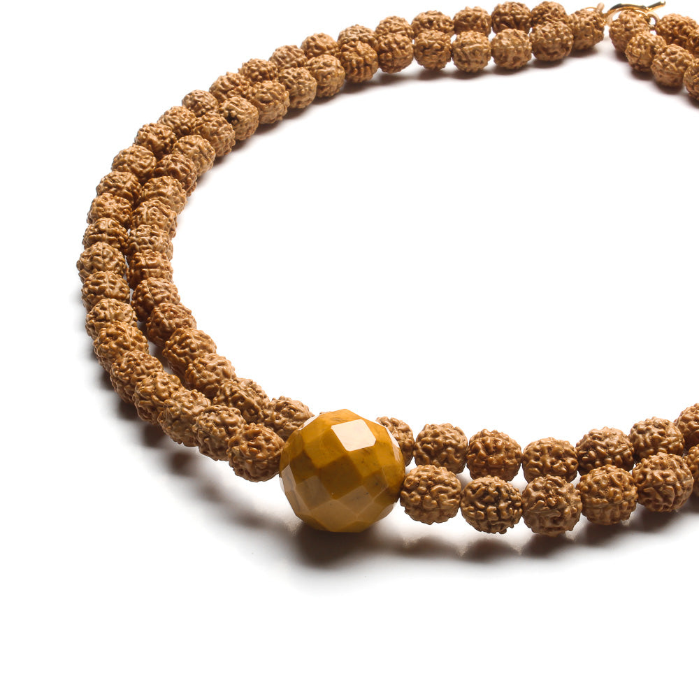 RUDRASKA WOODEN BEADS WITH YELLOW JASPER NECKLACE