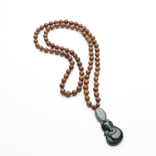 WOODEN BEADS, LABRADORITE AND OBSIDIAN FOX NECKLACE