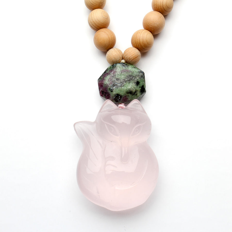 8MM THUJA WOOD BEADS WITH ROSE QUARTZ FOX NECKLACE