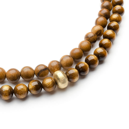 GOLDEN CORAL, WOODEN BEADS WITH 14K GOLD NECKLACE
