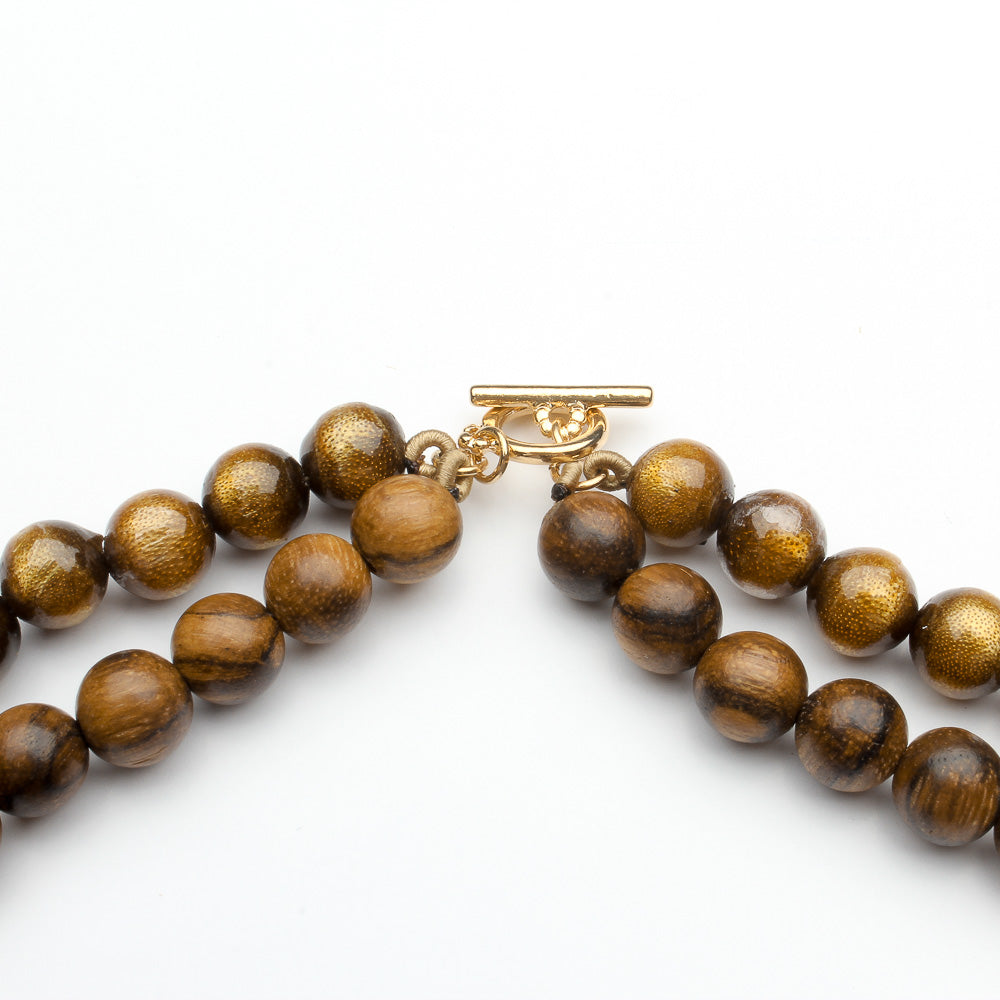 GOLDEN CORAL, WOODEN BEADS WITH 14K GOLD NECKLACE