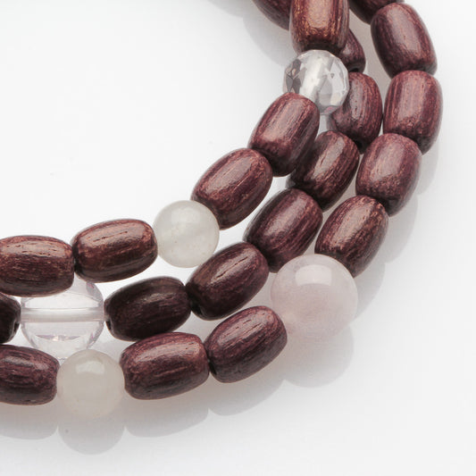 PURPLE WOOD, MORGANITE AND ROSE QUARTZ BRACELET