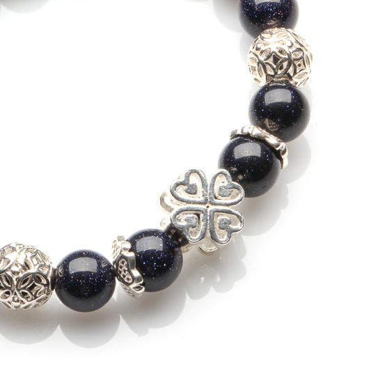 BLUE SANDSTONE, 925 SILVER CLOVER AND COINS BRACELET