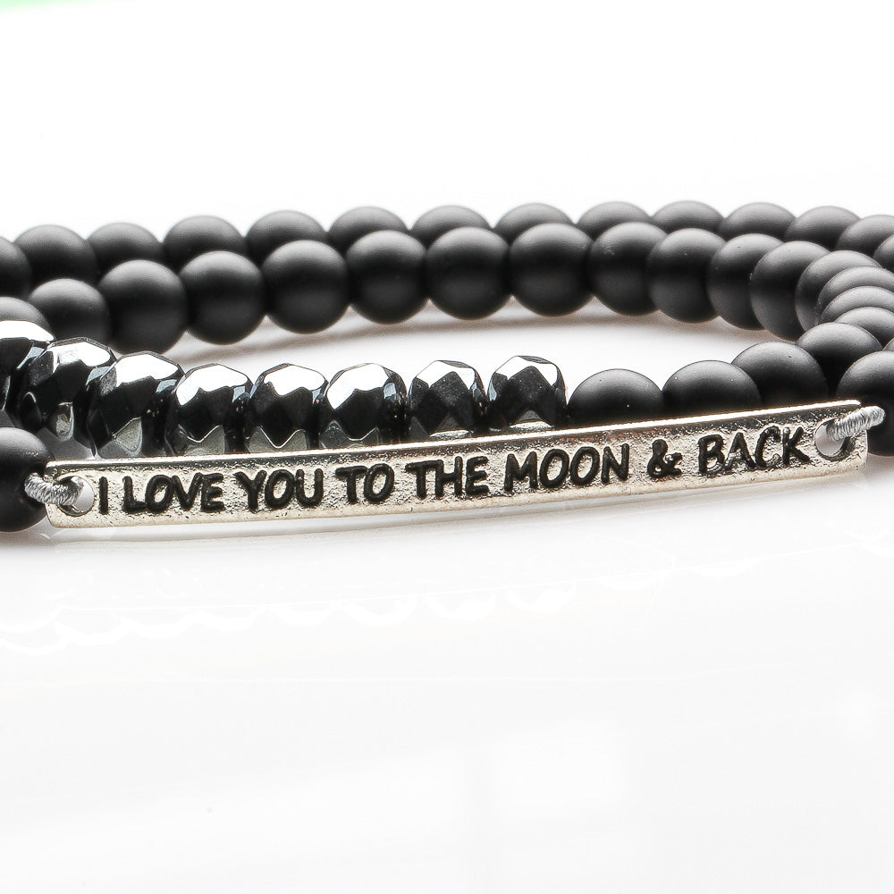 AGATE, HEMATITE AND 'I LOVE U TO THE MOON AND BACK' BRACELET