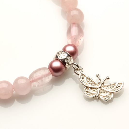 ROSE QUARTZ, SWAROVSKI PEARL, 925 BUTTERFLY BRACELET