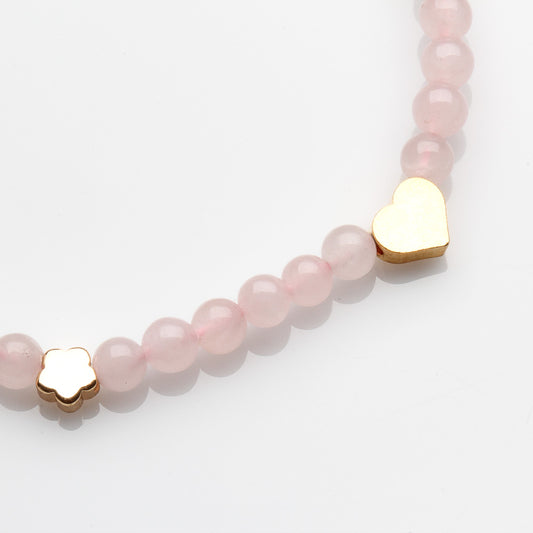 ROSE QUARTZ, GOLD PLATED HEART, FLOWER BRACELET