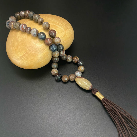 10MM FACETED PIETERSITE & SHIVA LINGAM PRAYER BEADS