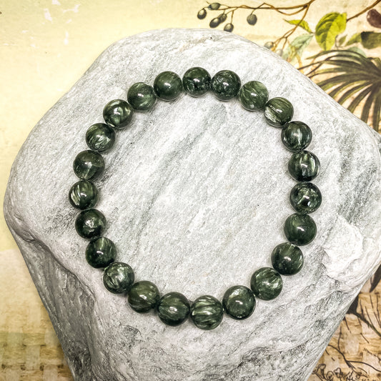 8MM SERAPHINITE ROUND BEADS CRYSTAL BRACELET