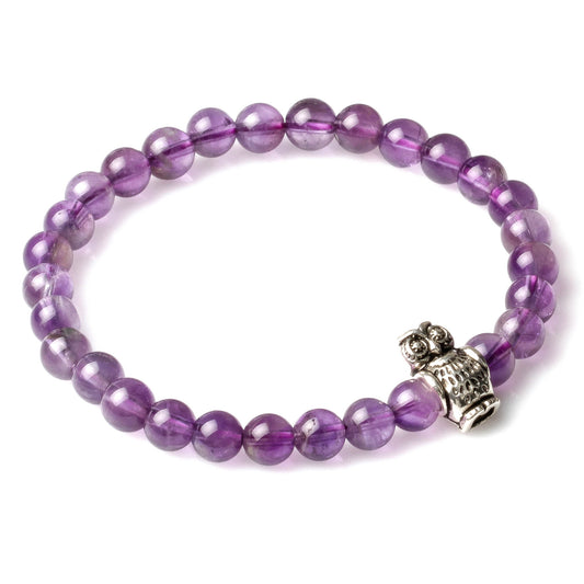 6MM AMETHYST WITH 925 SILVER OWL CHARM BRACELET
