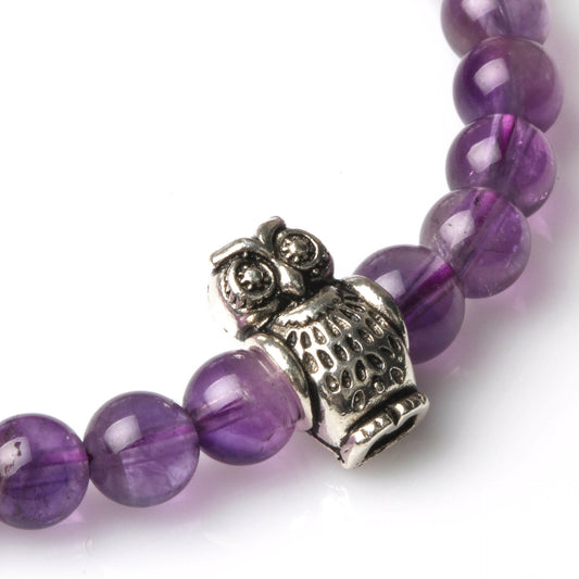 6MM AMETHYST WITH 925 SILVER OWL CHARM BRACELET