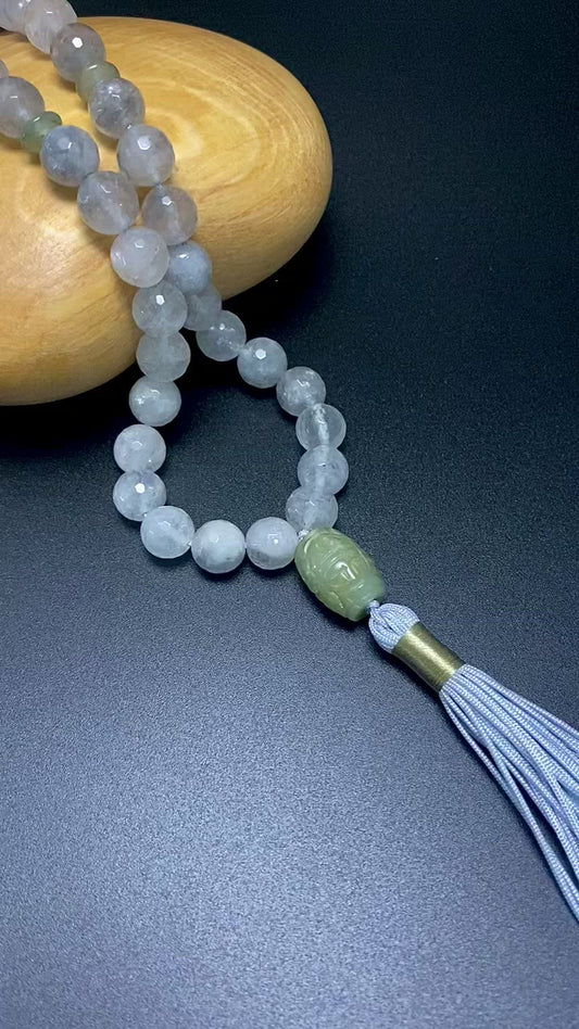 10MM FACETED SMOKY QUARTZ WITH JADE PRAYER BEADS