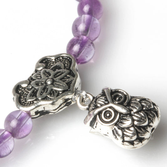 4MM AMETHYST WITH 925 SILVER OWL CHARM BRACELET
