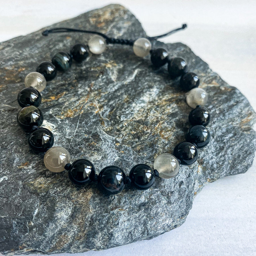 GREY MOONSTONE, BLUE TIGER'S EYE, BLACK TOURMALINE BRACELET