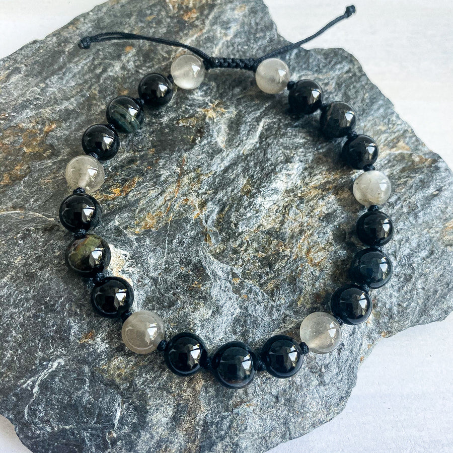 GREY MOONSTONE, BLUE TIGER'S EYE, BLACK TOURMALINE BRACELET