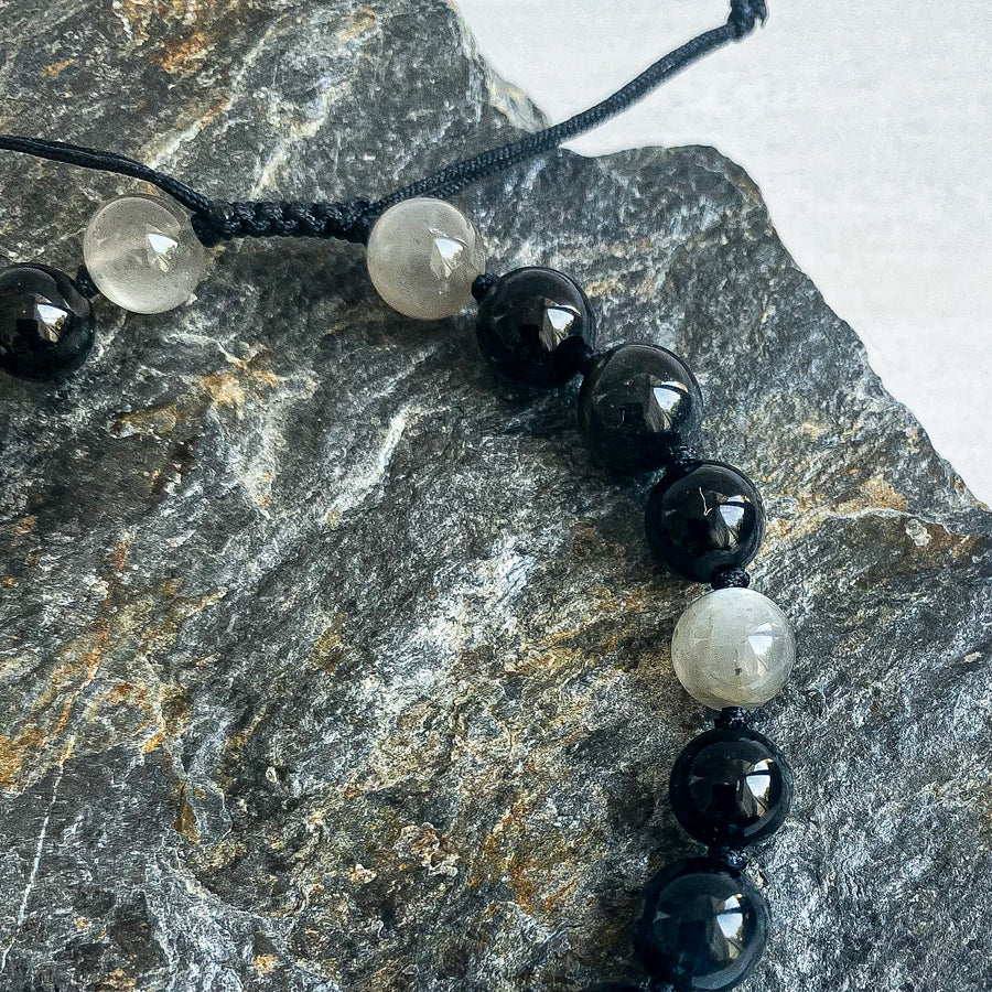 GREY MOONSTONE, BLUE TIGER'S EYE, BLACK TOURMALINE BRACELET