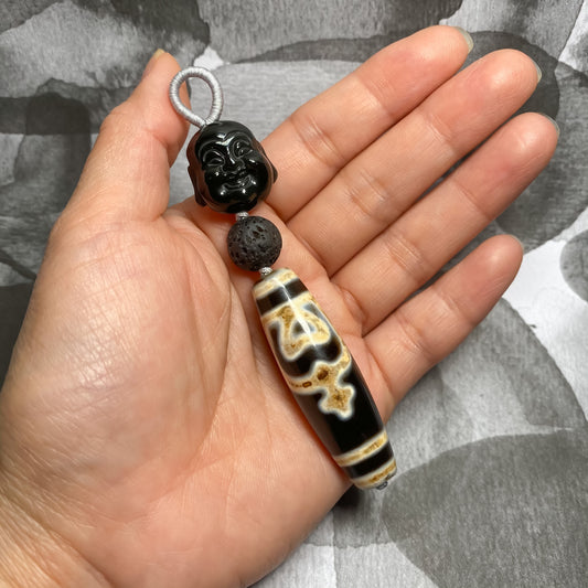 LONGEVITY TREASURE VASE DZI WITH LAUGHING BUDDHA PENDANT CHARM