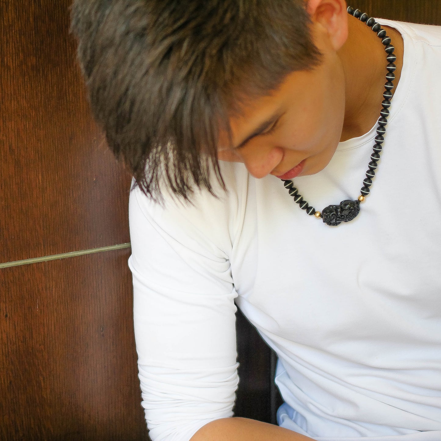 10MM WHITE LINE DZI BEADS, OBSIDIAN PIYAO NECKLACE