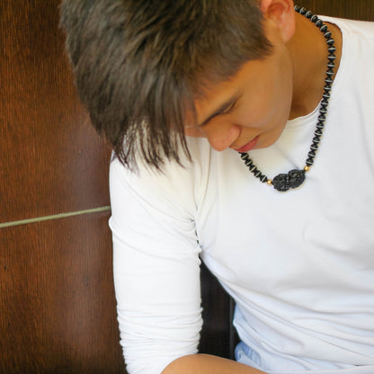 10MM WHITE LINE DZI BEADS, OBSIDIAN PIYAO NECKLACE