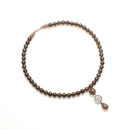 8MM SMOKEY QUARTZ WITH 925 SILVER LONGEVITY NECKLACE