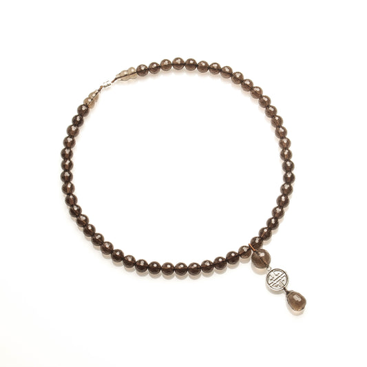 8MM SMOKEY QUARTZ WITH 925 SILVER LONGEVITY NECKLACE
