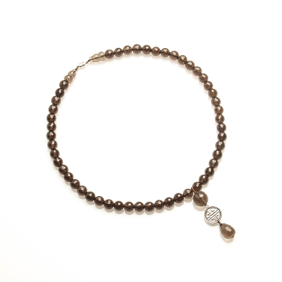 8MM SMOKEY QUARTZ WITH 925 SILVER LONGEVITY NECKLACE