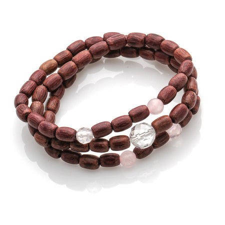 PURPLE WOOD WITH ROSE QUARTZ AND CLEAR QUARTZ BRACELET