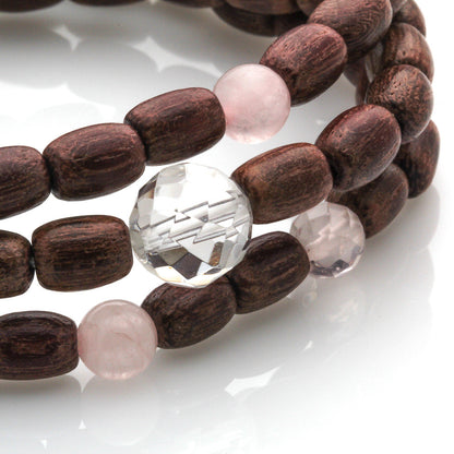 PURPLE WOOD WITH ROSE QUARTZ AND CLEAR QUARTZ BRACELET