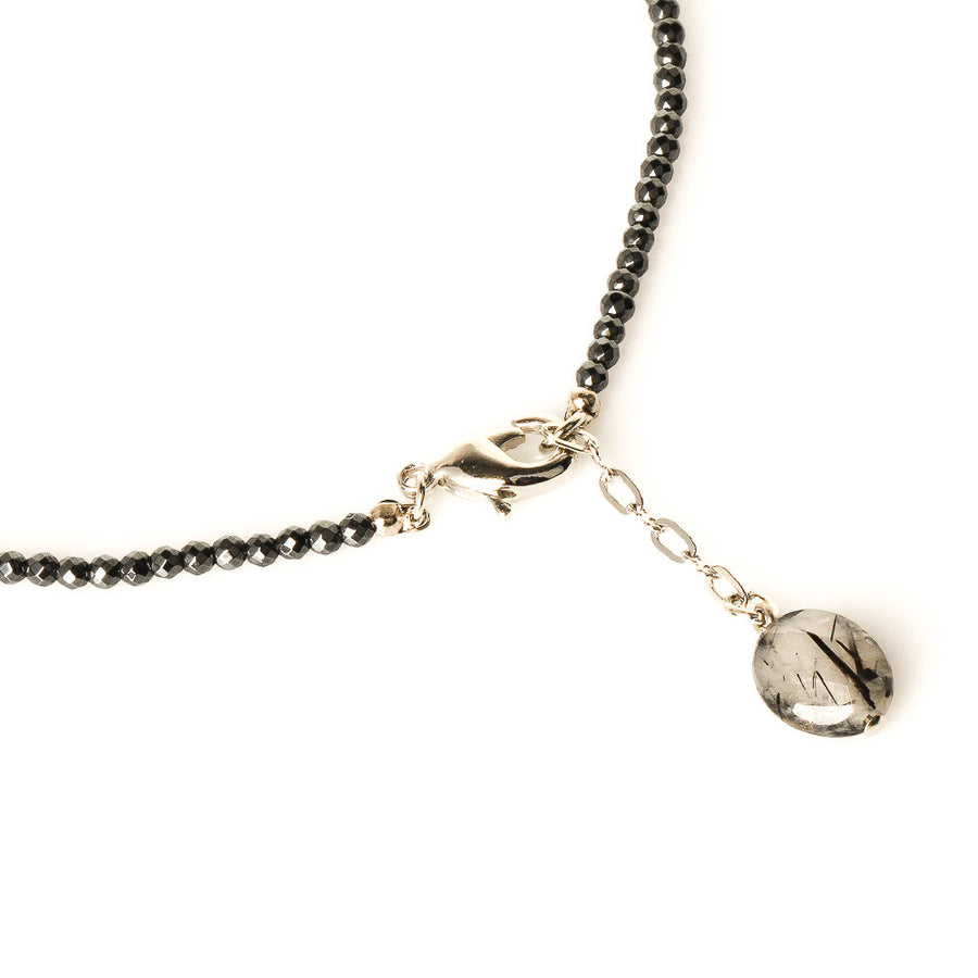 FACTED HEMATITE,  BLACK TOURMALINE CHARM ANKLET