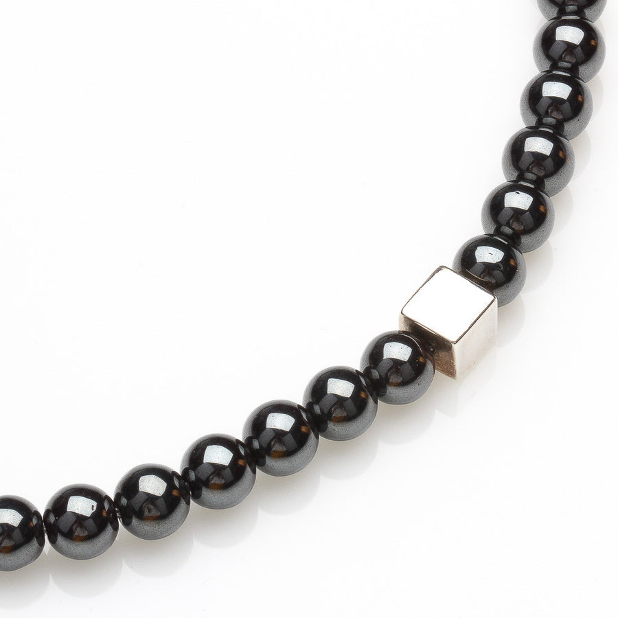 8MM HEMATITE BEADS WITH 925 SILVER CUBE NECKLACE