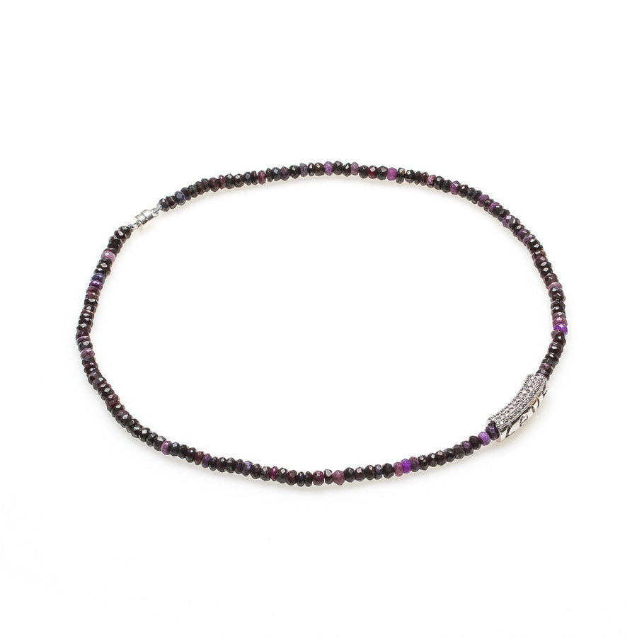 4MM SUGILITE WITH RHODIUM, CRYSTAL `LOVE' NECKLACE