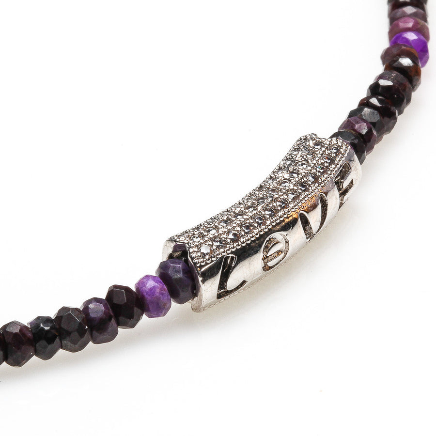 4MM SUGILITE WITH RHODIUM, CRYSTAL `LOVE' NECKLACE