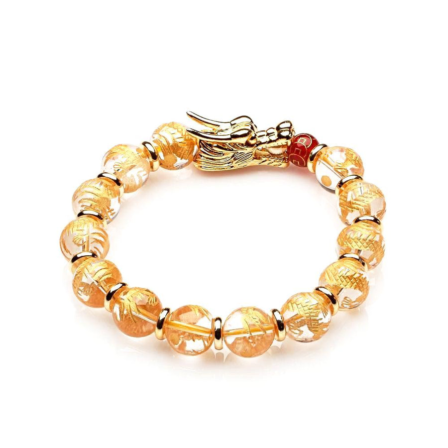 12MM CLEAR QUARTZ WITH GOLD LASER DRAGON BRACELET