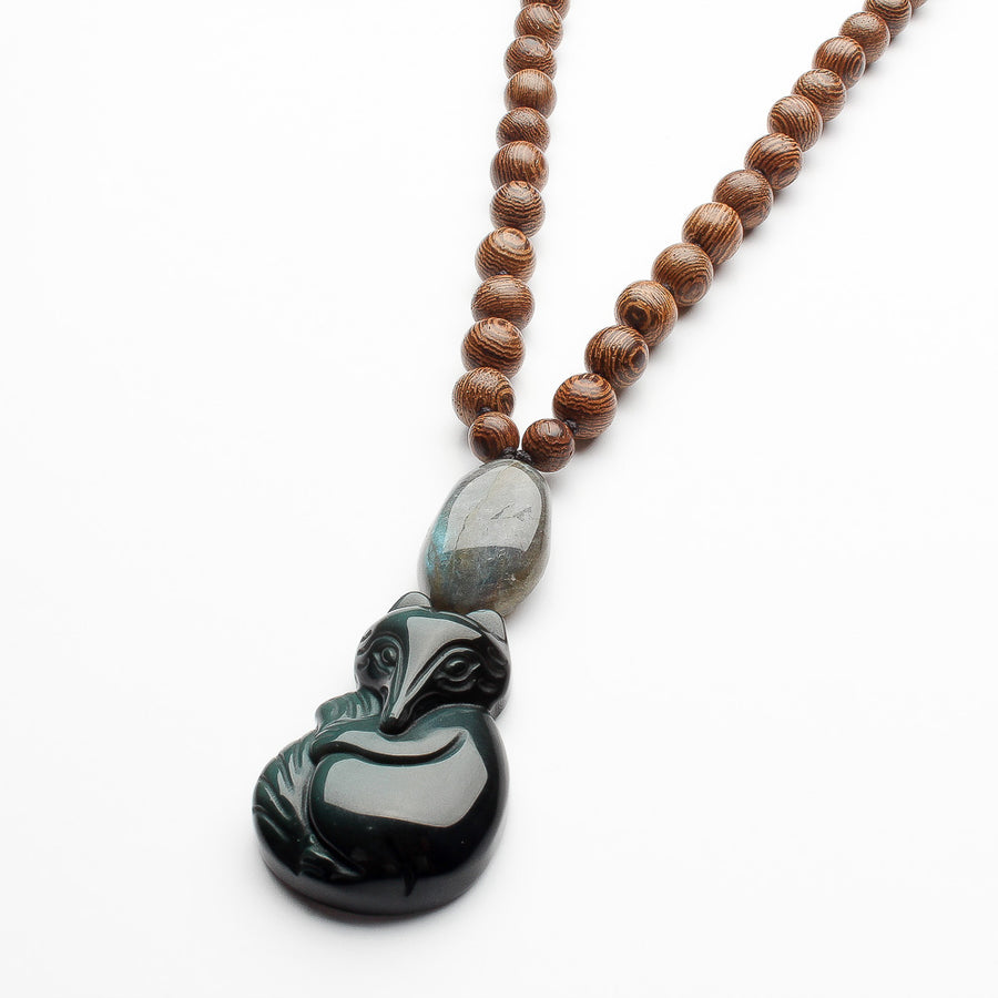 WOODEN BEADS, LABRADORITE AND OBSIDIAN FOX NECKLACE