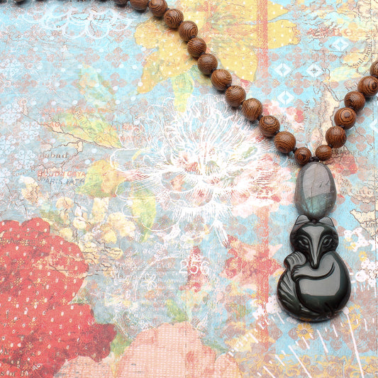 WOODEN BEADS, LABRADORITE AND OBSIDIAN FOX NECKLACE