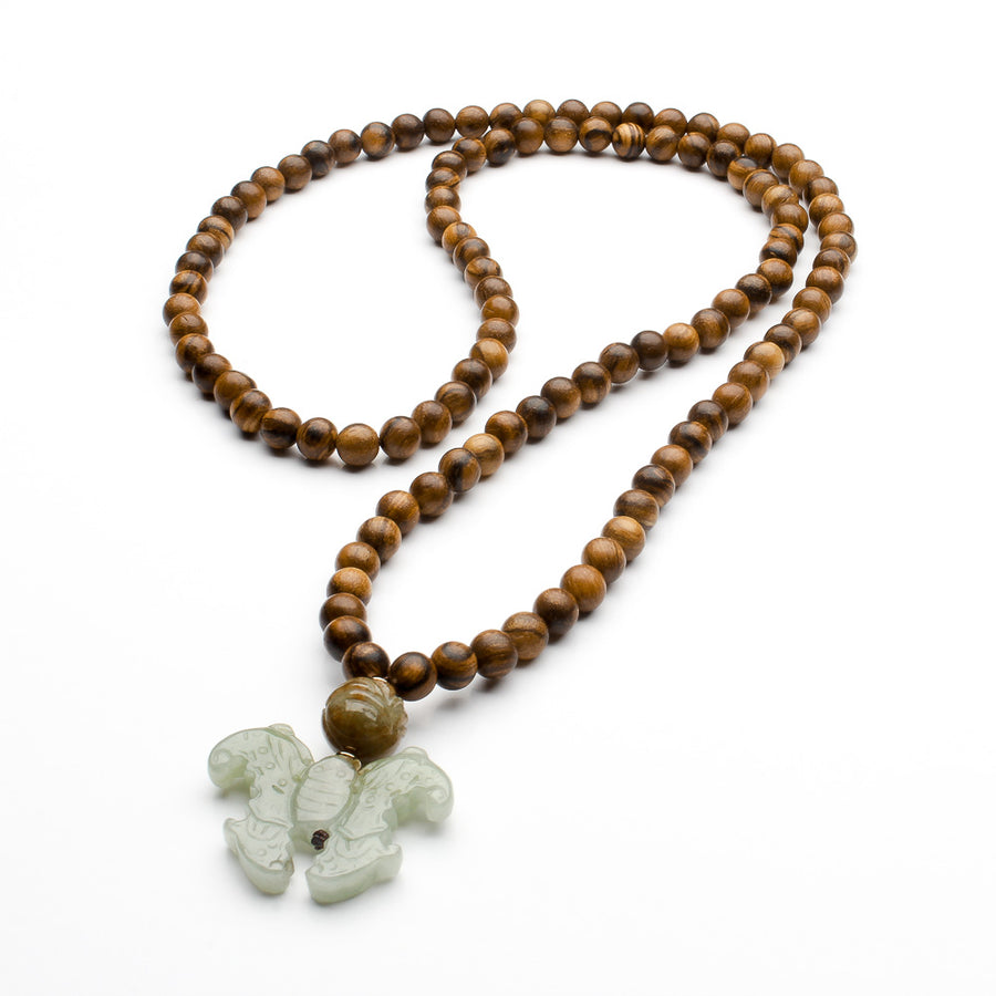8MM WOODEN BEADS WITH JADE BUTTERFLY LONG NECKLACE