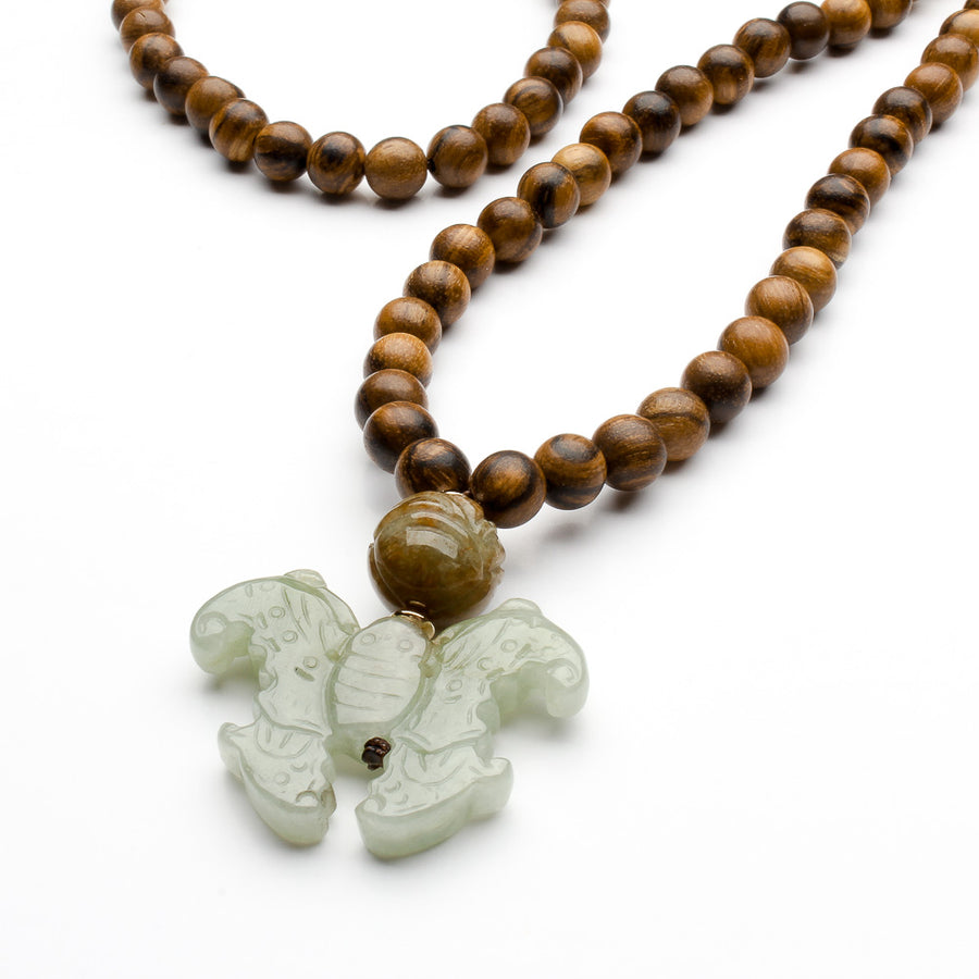8MM WOODEN BEADS WITH JADE BUTTERFLY LONG NECKLACE